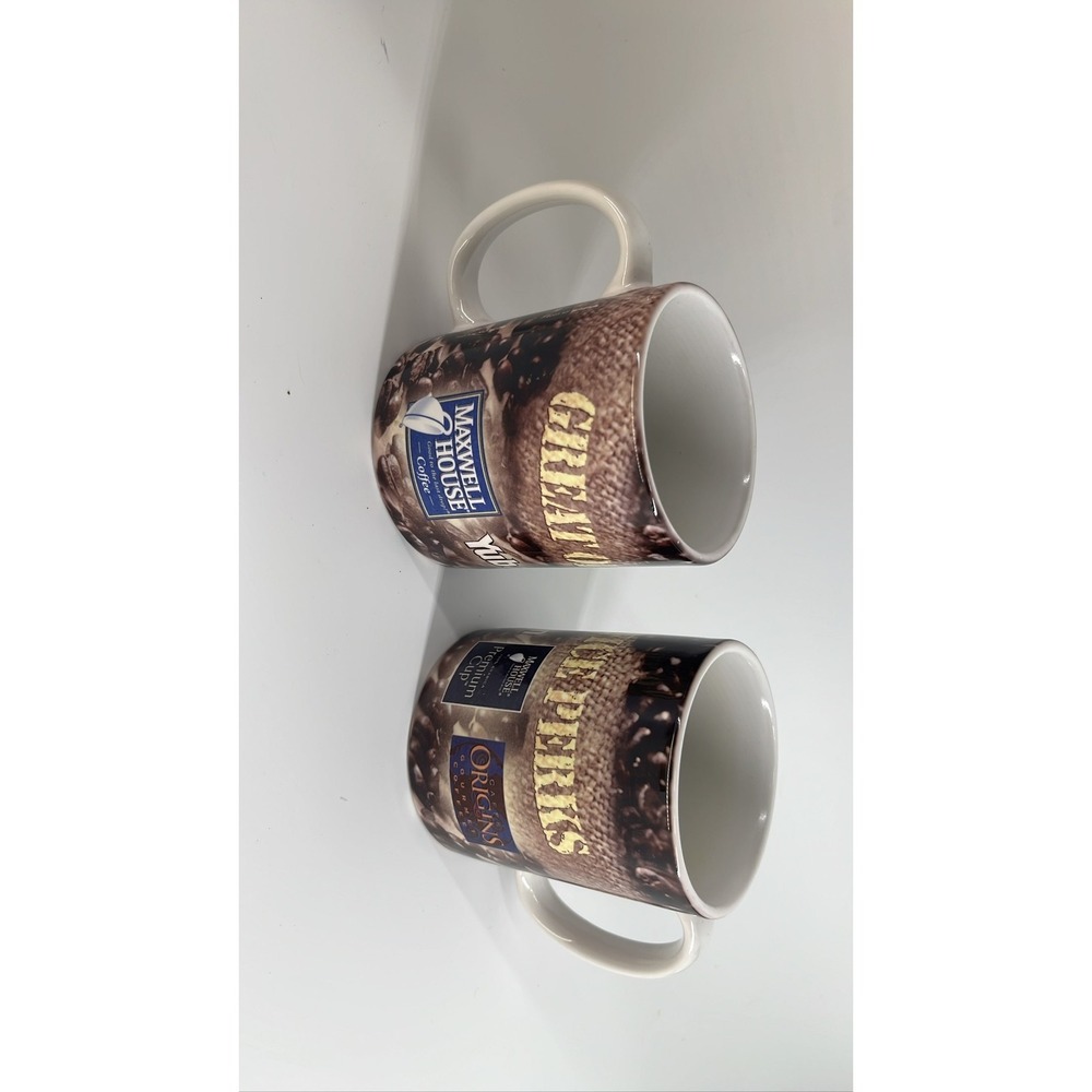 Maxwell House Coffee Mugs Gold Good to the Last Drop‎ Brown Burlap Print